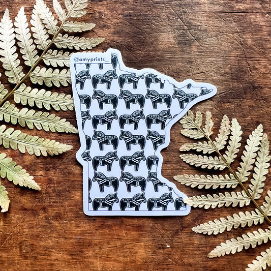 Dala Horse Minnesota 3 Inch Sticker | Linocut Block Print Eco-Friendly Sticker