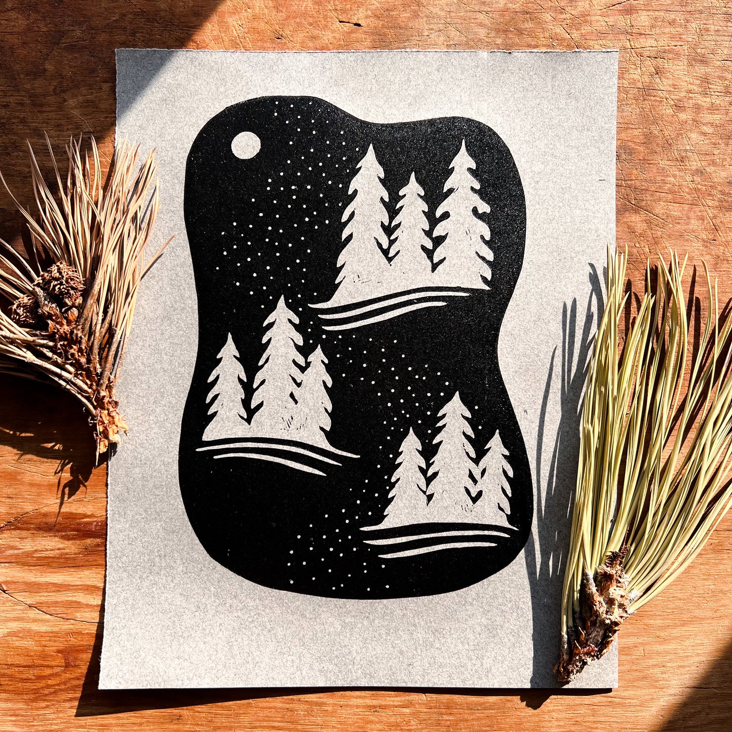 “Star Trail" Linocut Print 8x10" | Hand Printed Black and Tan Block Print