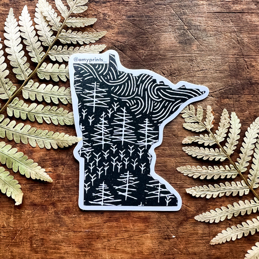 Minnesota “Pine Wandering” 3 Inch Sticker | Linocut Block Print Eco-Friendly Sticker