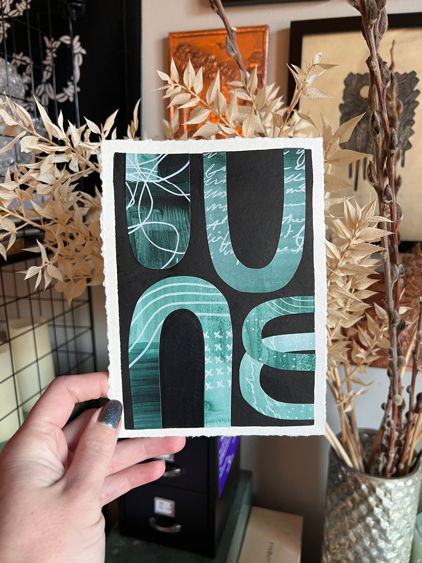 Original Abstract Shape Collage | Black, Blue, Teal 5x7