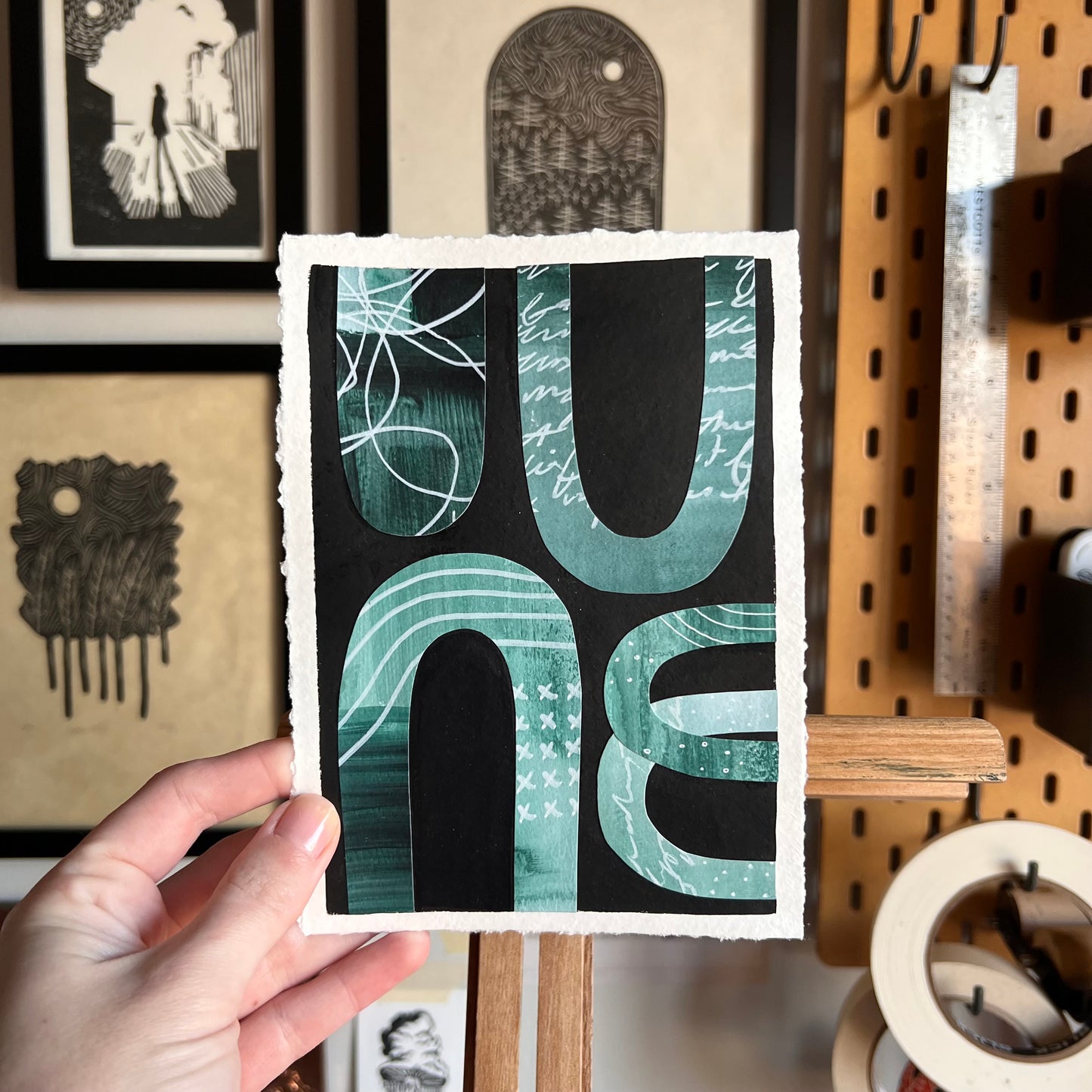 Original Abstract Shape Collage | Black, Blue, Teal 5x7