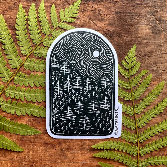 "Pine Wandering” 3 Inch Sticker | Linocut Block Print Eco-Friendly Sticker