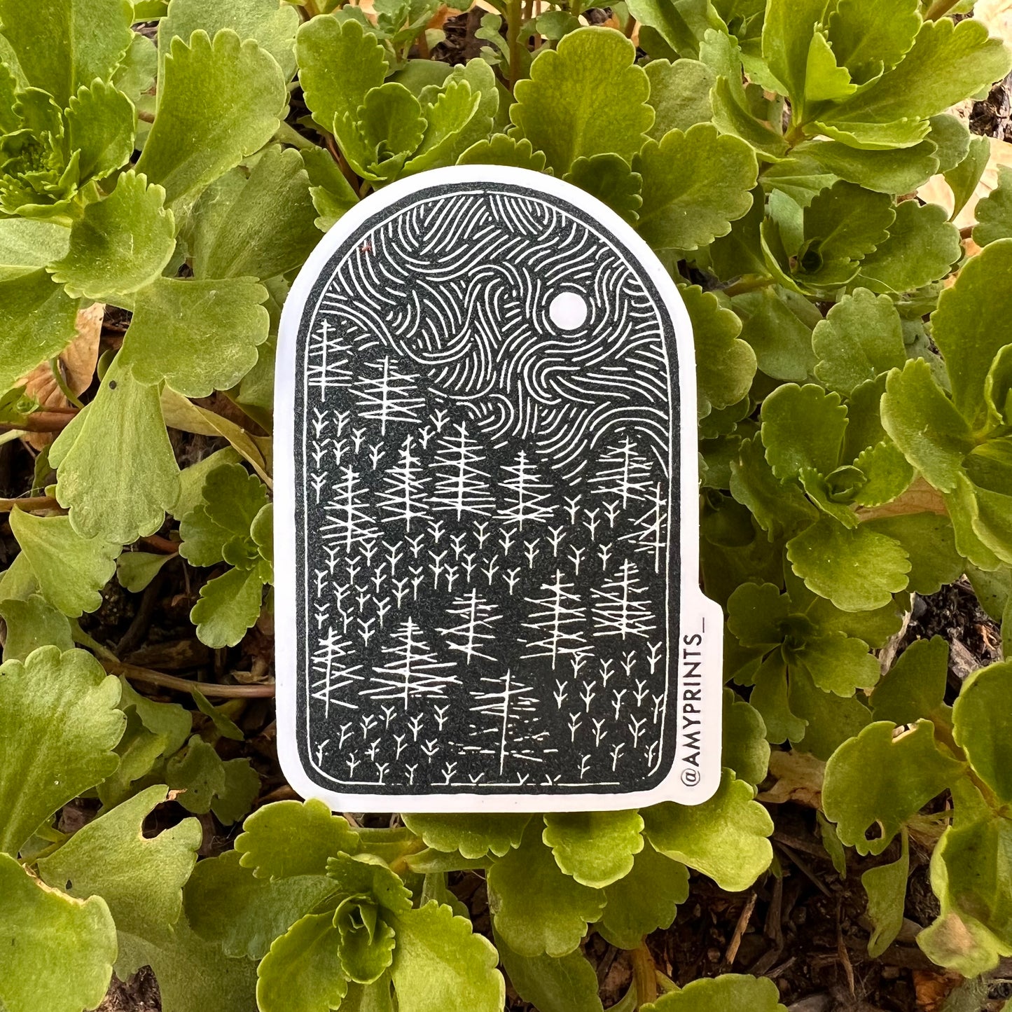 "Pine Wandering” 3 Inch Sticker | Linocut Block Print Eco-Friendly Sticker