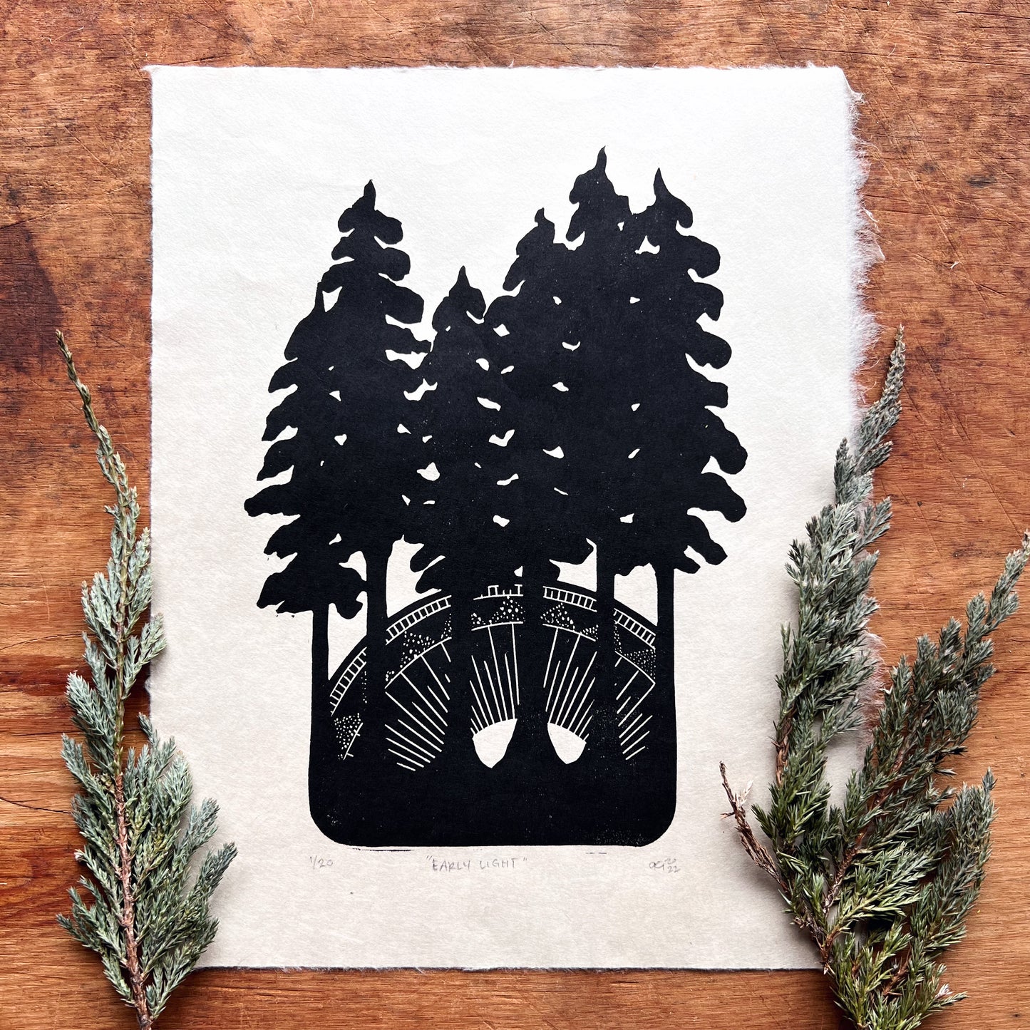 “Early Light” 8x10 Linocut Print | Handmade Black and Tan Block Print