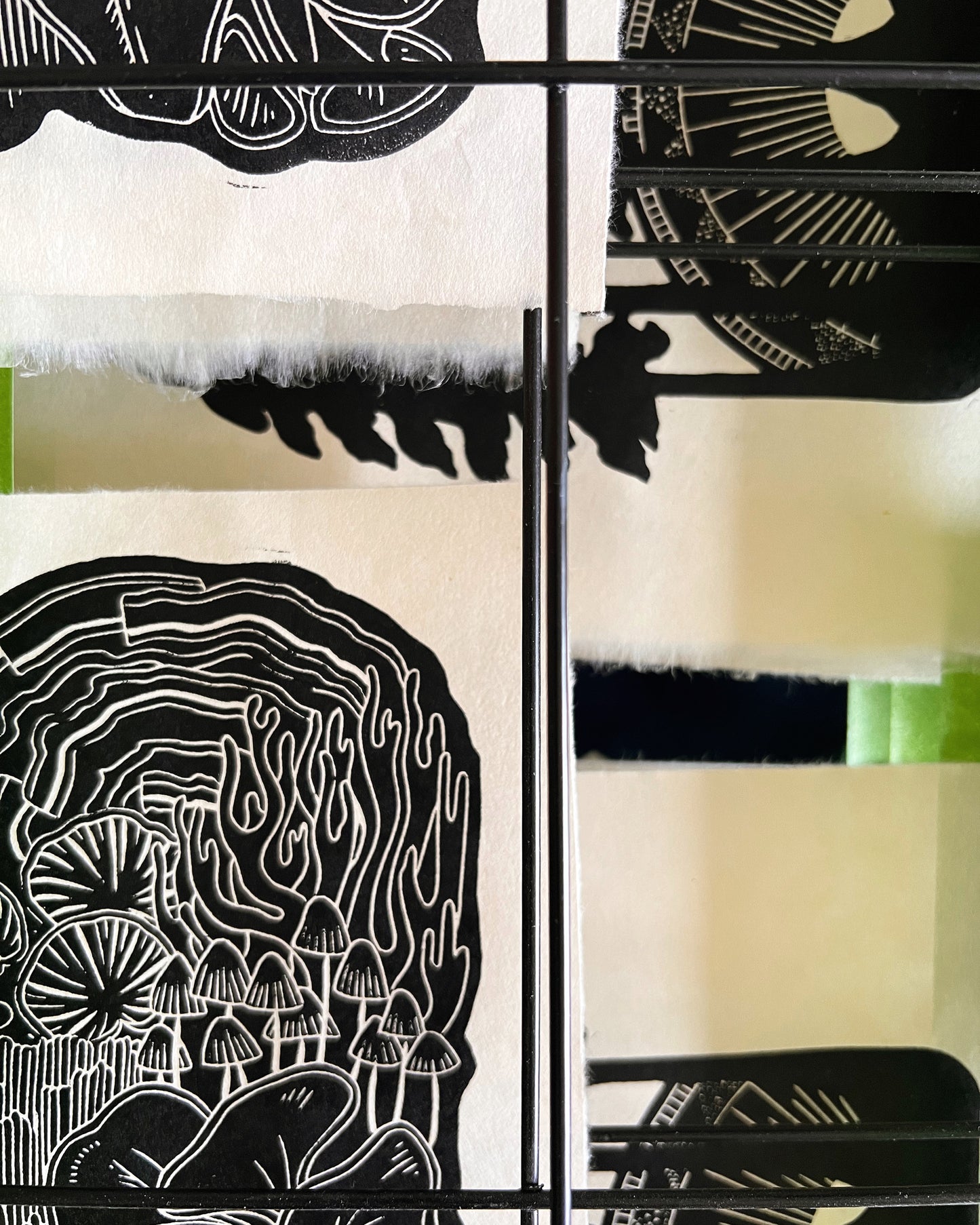 “Mushroom Bouquet II” Linocut Print 5x7” | Hand Printed Black and Tan Block Print