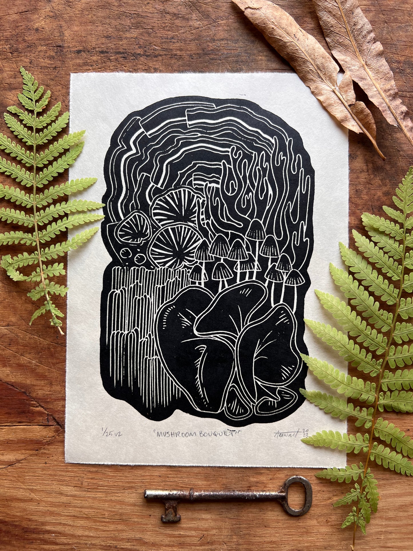 “Mushroom Bouquet II” Linocut Print 5x7” | Hand Printed Black and Tan Block Print