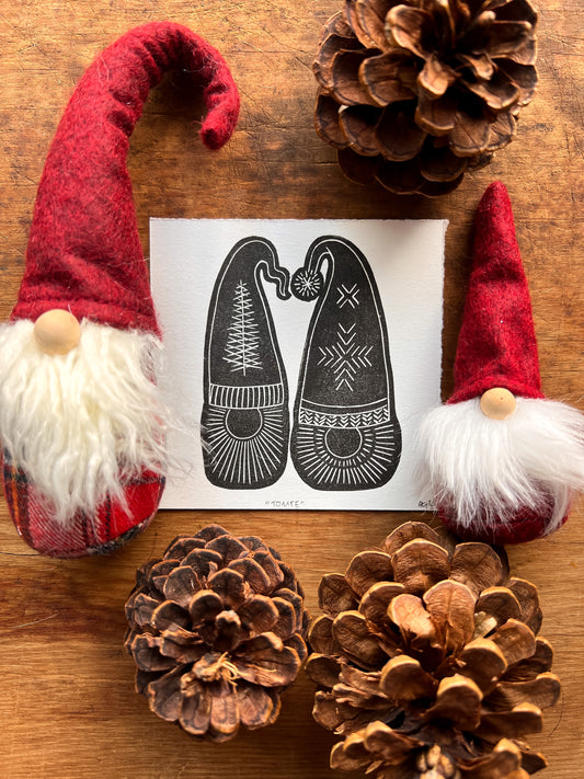 “Tomte” Studio Sampler Linocut Print 4x4" | Hand Printed Black and White Block Print