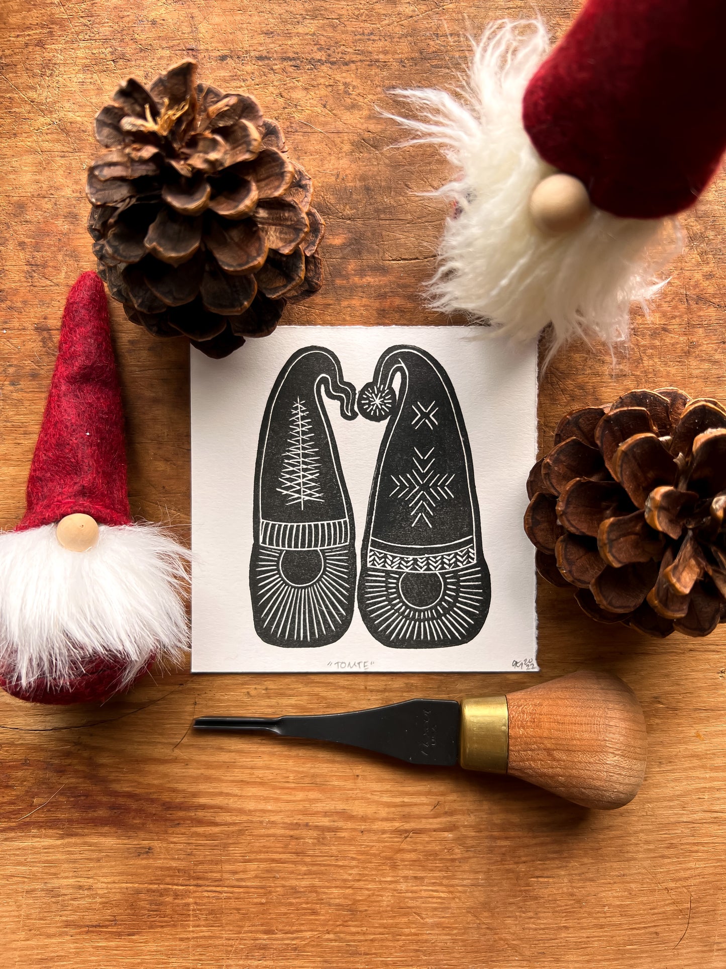 “Tomte” Studio Sampler Linocut Print 4x4" | Hand Printed Black and White Block Print