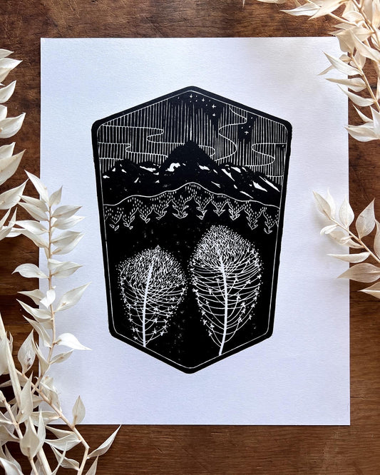 "Beargrass Mountains" Linocut Print 8x10" | Hand Printed Black and White Block Print