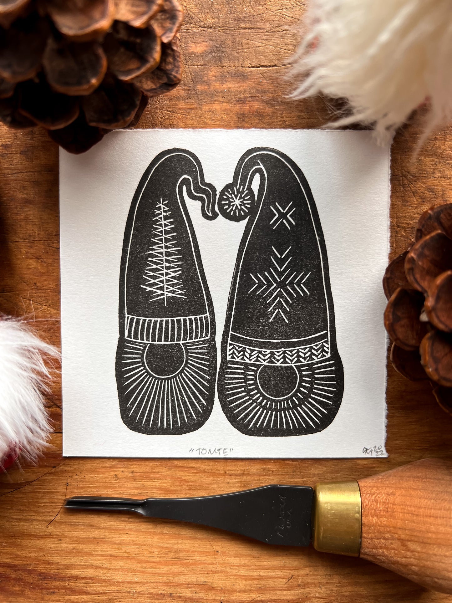 “Tomte” Studio Sampler Linocut Print 4x4" | Hand Printed Black and White Block Print