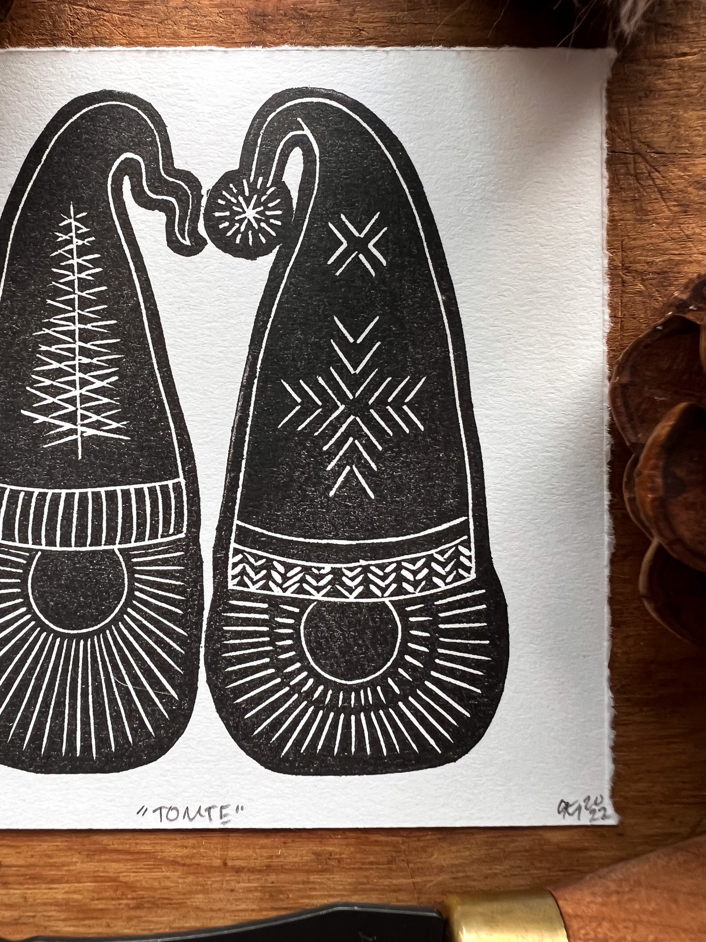 “Tomte” Studio Sampler Linocut Print 4x4" | Hand Printed Black and White Block Print