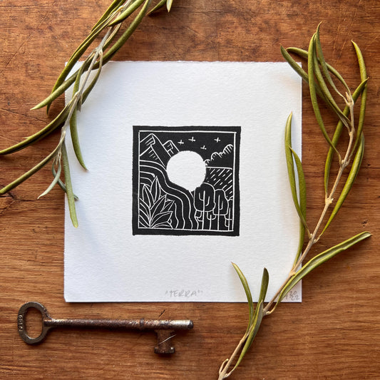 "Terra" Studio Sampler Linocut Print 4x4" | Hand Printed Black and White Block Print