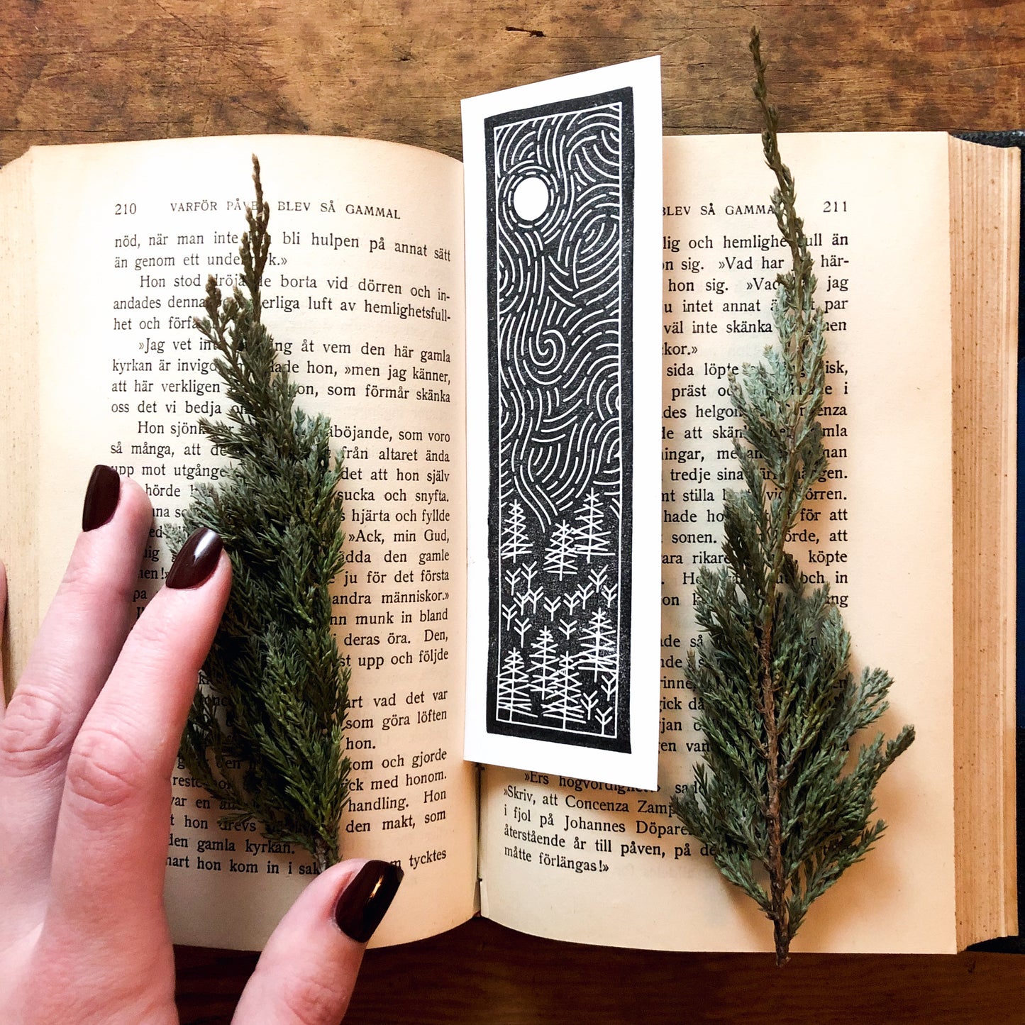 Pine Wandering Block Printed Linocut Bookmarks 2x6"