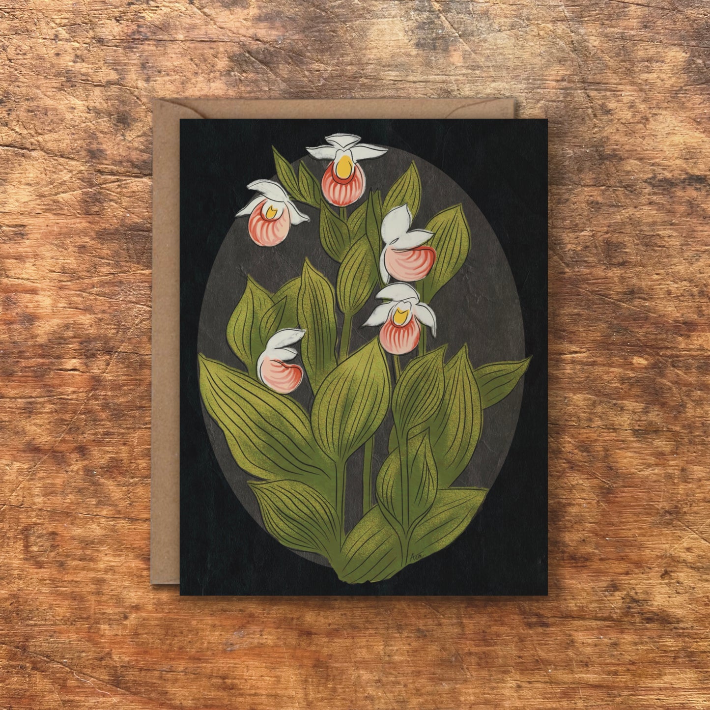 Black Showy Lady's Slipper Greeting Cards | Blank Inside, A2, Recycled
