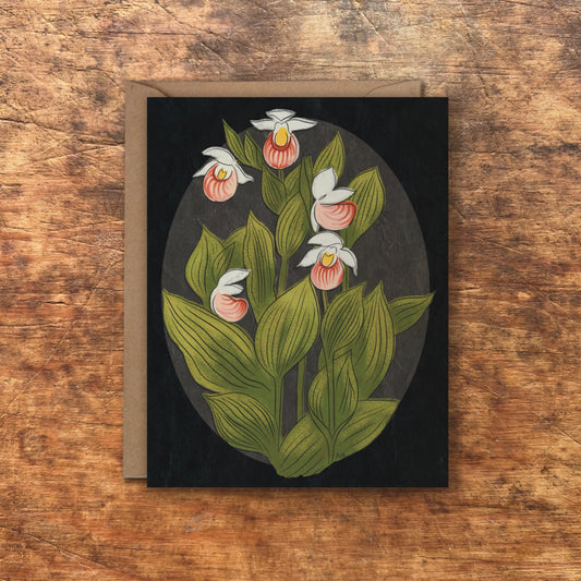 Black Showy Lady's Slipper Greeting Cards | Blank Inside, A2, Recycled