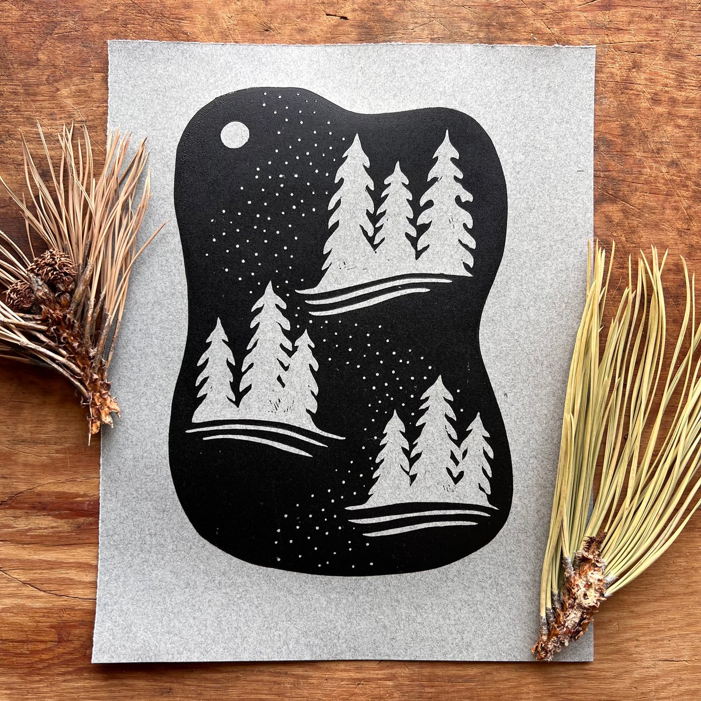 “Star Trail" Linocut Print 8x10" | Hand Printed Black and Tan Block Print