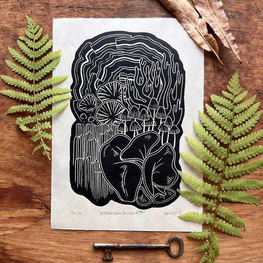 “Mushroom Bouquet II” Linocut Print 5x7” | Hand Printed Black and Tan Block Print