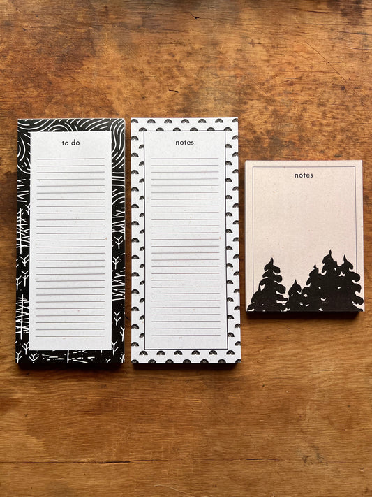 Set of 3 Productivity Notepads 4.25x5.5” and 4x9” | 50 Sheet Linocut Illustrated Notepads