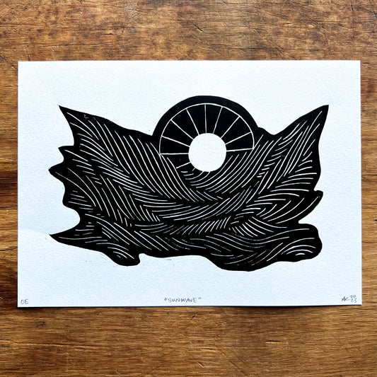 "Sunwave" Linocut Print 5x7" | Hand Printed Black and White Block Print