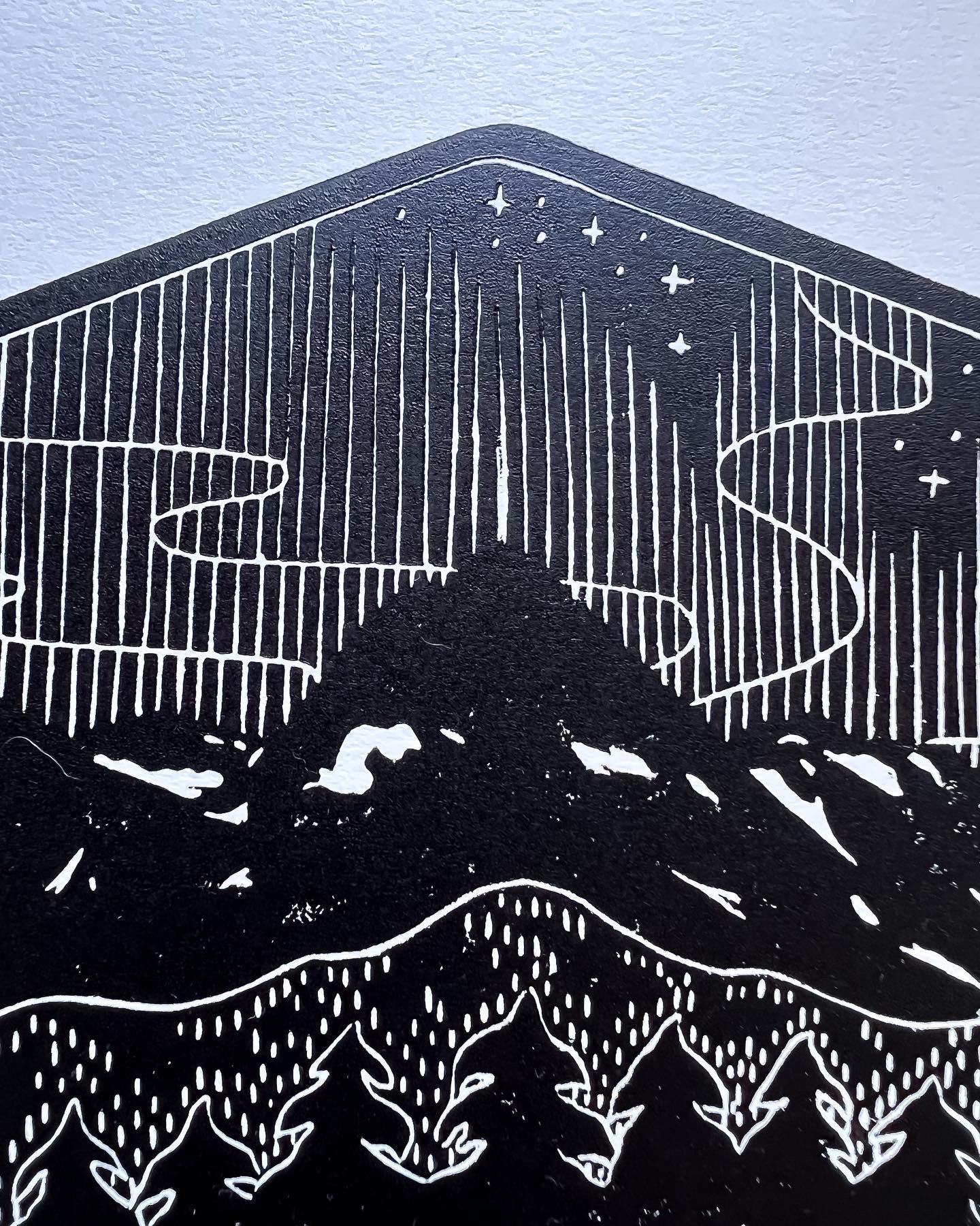 Beargrass Mountains Linocut Print 8x10, Hand Printed Black and Whi