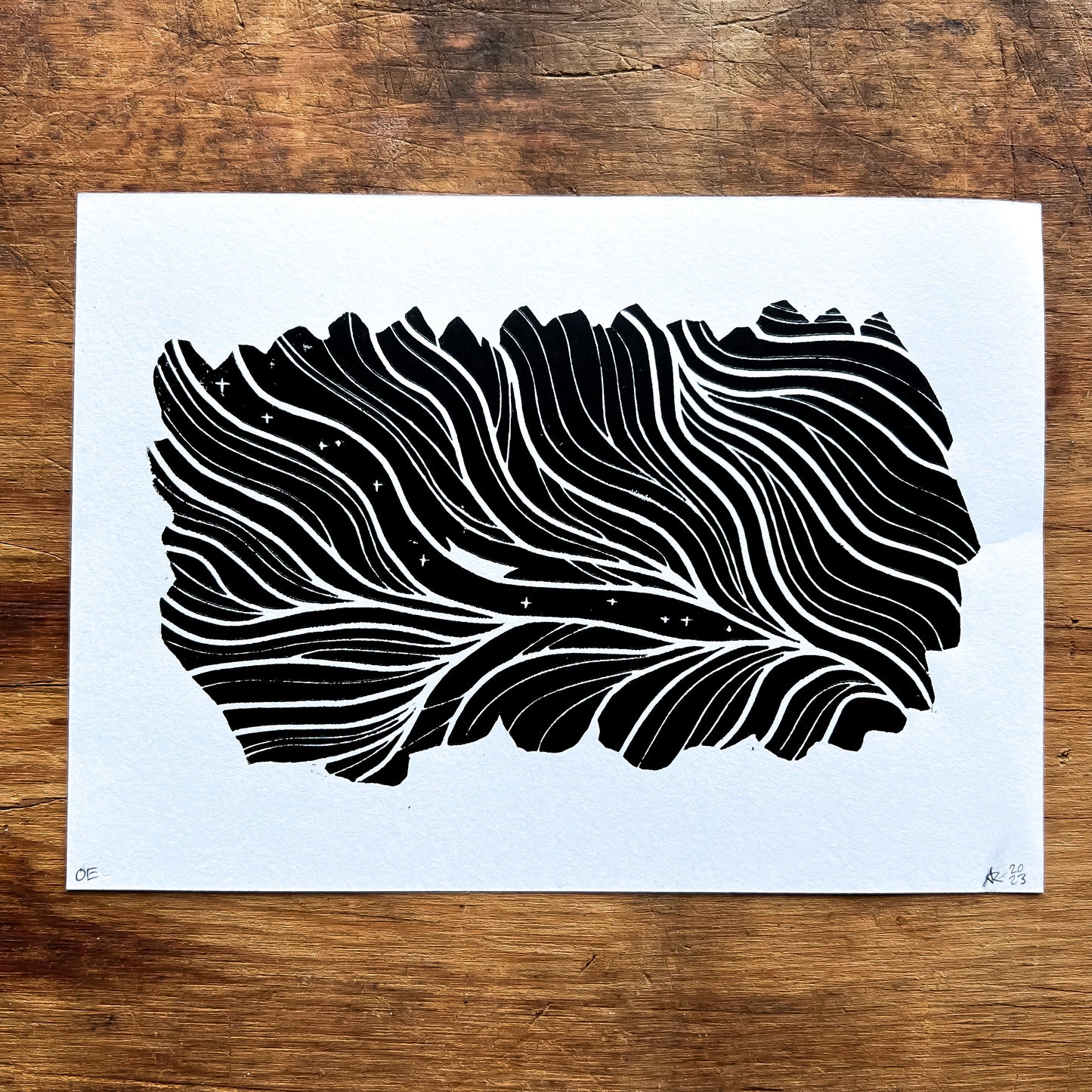 “Midnight Crossing" Linocut Print 5x7" | Hand Printed Black and White Block Print