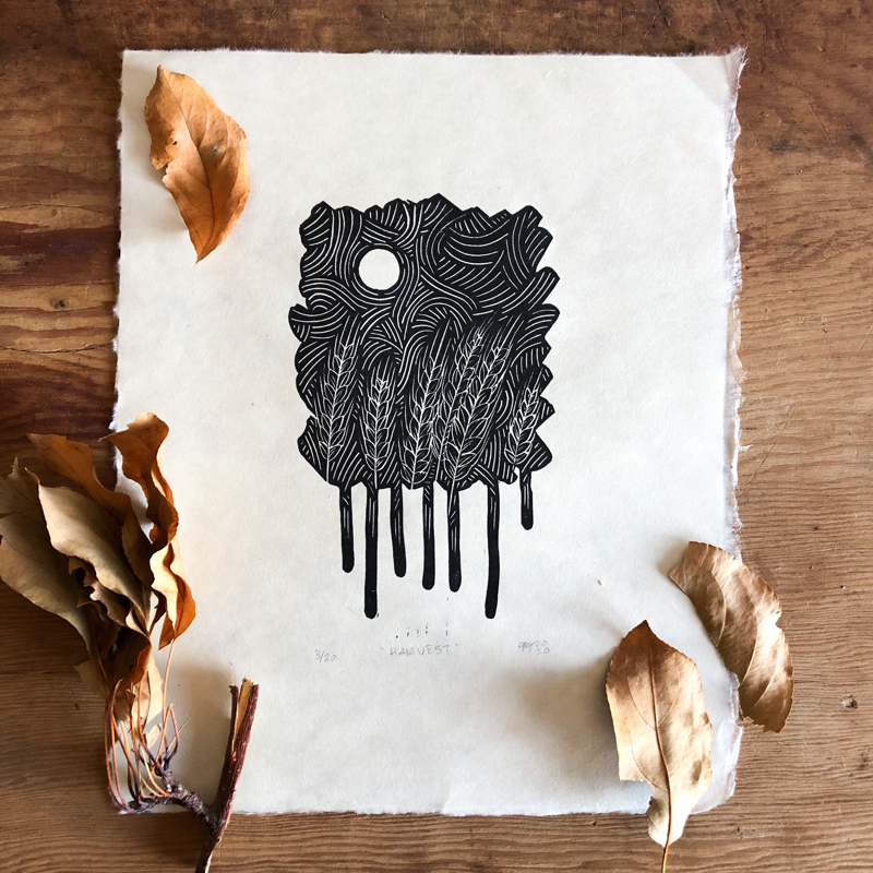 "Harvest" Linocut Print 8x10" | Hand Printed Black and Tan Block Print