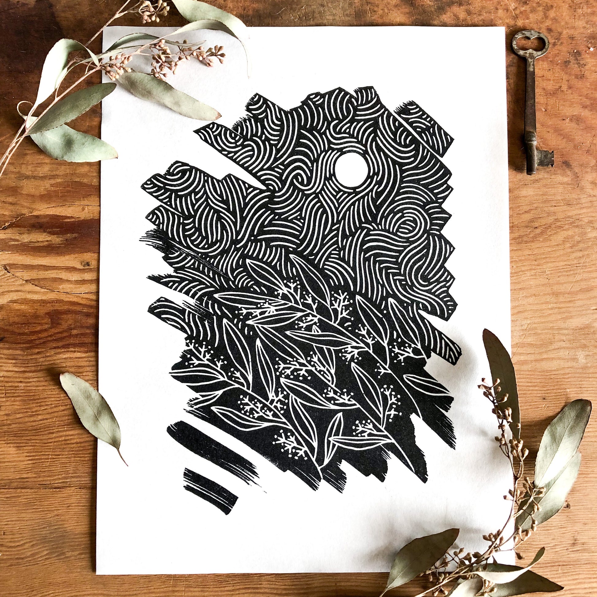 "Summer Sway" Linocut Print 9x12" | Hand Printed Black and White Block Print