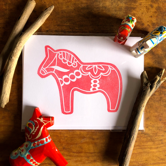 Swedish Dala Horse Holiday Christmas Block Printed Linocut Greeting Card Single, Blank Inside, A2 Folded Size