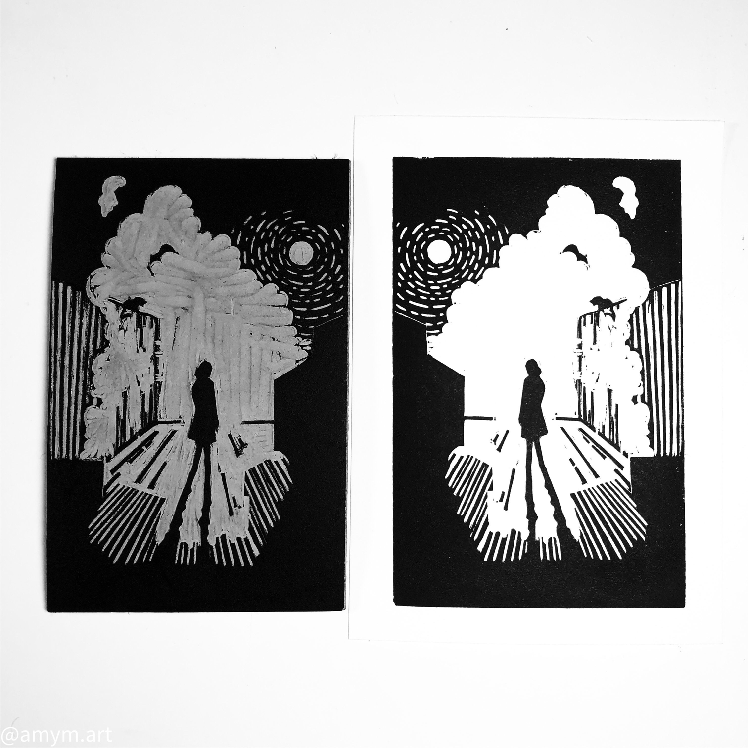 "Midnight Mists" Linocut Print 5x7" | Hand Printed Black and White Block Print