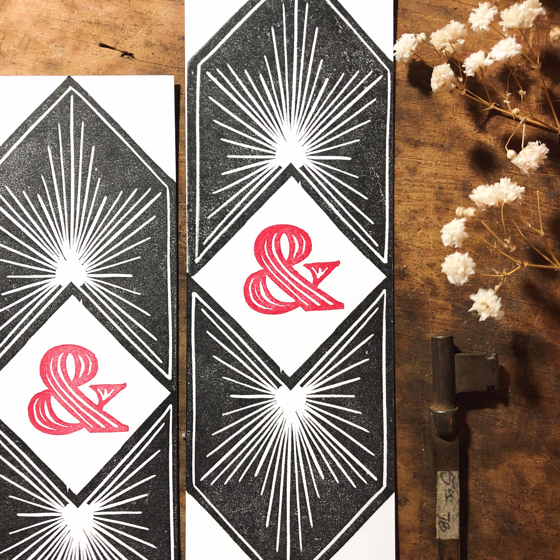 Arrows and Ampersands Block Printed Linocut Bookmarks 2x6"