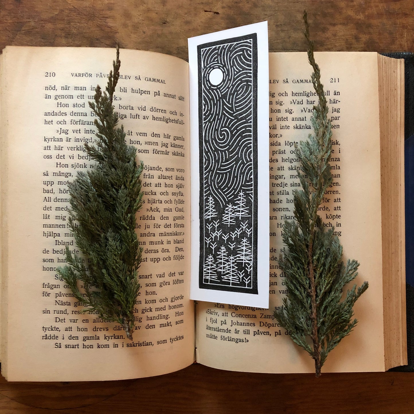 Pine Wandering Block Printed Linocut Bookmarks 2x6"