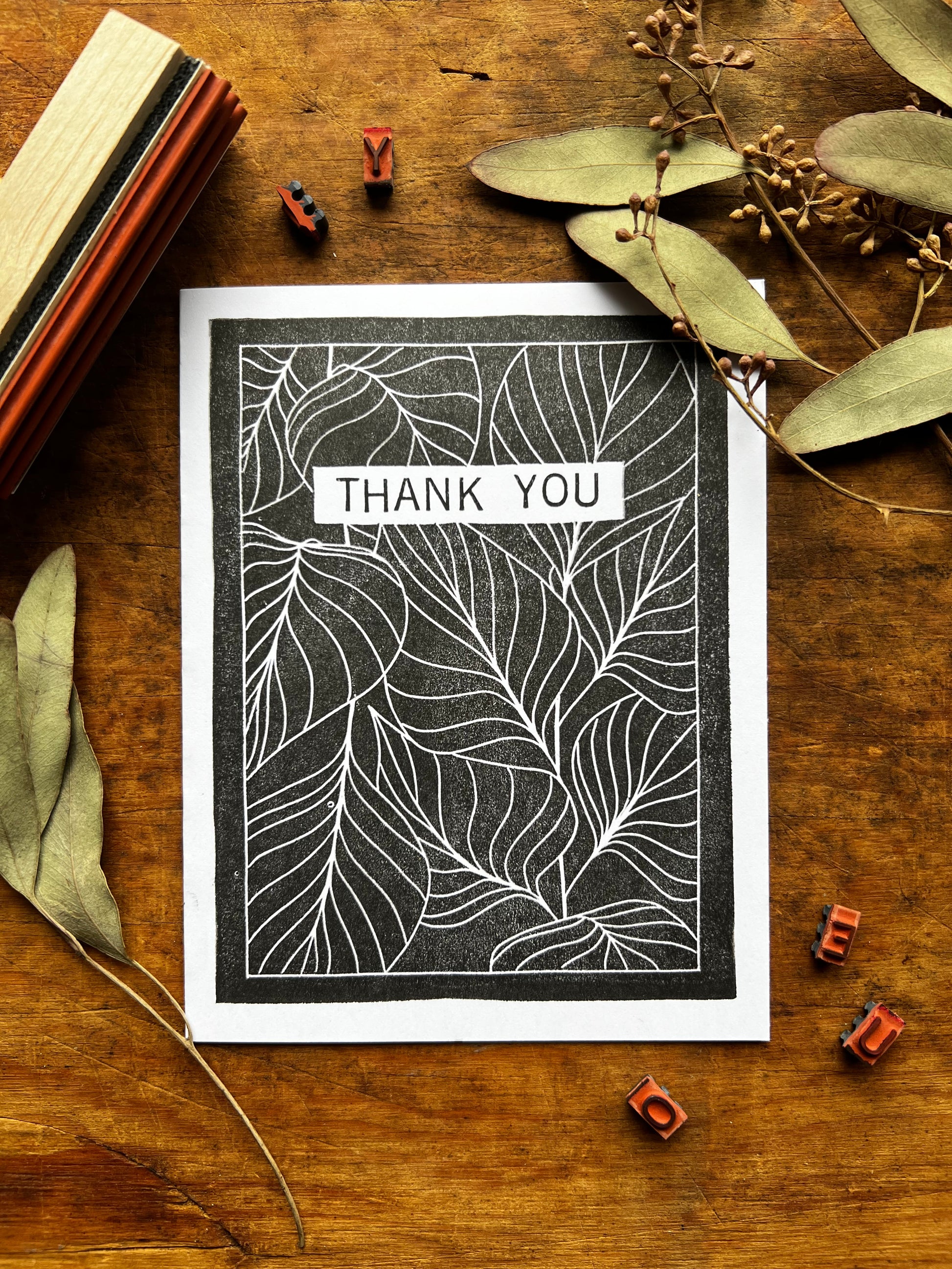 "Thank You" Big Leaves Hand Printed Greeting Card Single, Blank Inside, A2 Folded Size