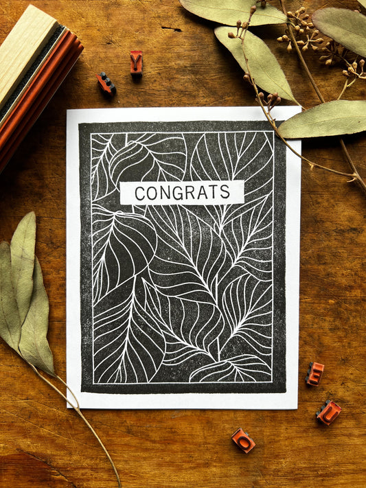 "Congrats" Big Leaves Hand Printed Greeting Card Single, Blank Inside, A2 Folded Size